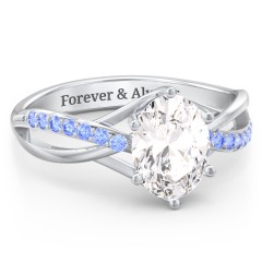 Oval Cut Gemstone Ring with Twisted Band and Accents – 10K Rose Gold with White Premium Zirconia and Fancy Blue Premium Zirconia