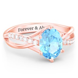 Oval Cut Gemstone Ring with Twisted Band and Accents in 10K Solid Rose Gold with Blue Topaz and White Premium Zirconia