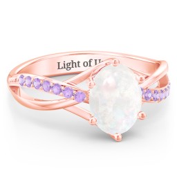 Oval Cut Gemstone Ring with Twisted Band and Accents in 10K Solid Rose Gold with Opal and Amethyst Premium Zirconia