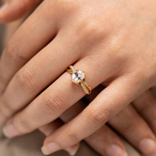 Oval Cut Gemstone Ring with Twisted Band and Accents – 10K Rose Gold with White Premium Zirconia and Fancy Blue Premium Zirconia