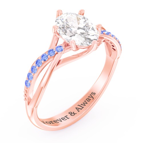 Oval Cut Gemstone Ring with Twisted Band and Accents – 10K Rose Gold with White Premium Zirconia and Fancy Blue Premium Zirconia