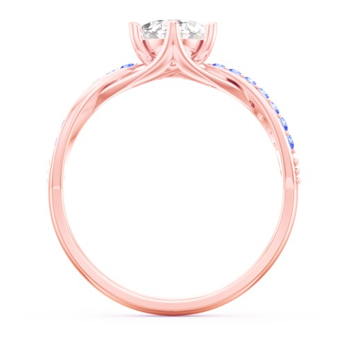 Oval Cut Gemstone Ring with Twisted Band and Accents – 10K Rose Gold with White Premium Zirconia and Fancy Blue Premium Zirconia