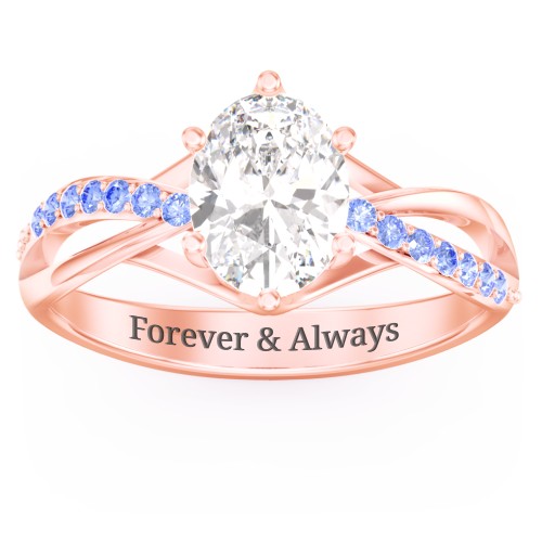 Oval Cut Gemstone Ring with Twisted Band and Accents – 10K Rose Gold with White Premium Zirconia and Fancy Blue Premium Zirconia