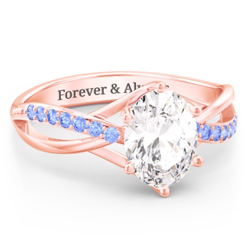 Oval Cut Gemstone Ring with Twisted Band and Accents – 10K Rose Gold with White Premium Zirconia and Fancy Blue Premium Zirconia