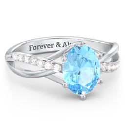Oval Cut Gemstone Ring with Twisted Band and Accents in 925 Sterling Silver with Blue Topaz and White Premium Zirconia