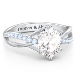 Oval Cut Gemstone Ring with Twisted Band and Accents in 10K Solid White Gold with White Premium Zirconia and Fancy Blue Premium Zirconia