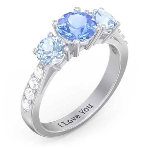 Majestic 3 Stone Eternity Ring with Accents – Sterling Silver with Fancy Blue Premium Zirconia, Aquamarine, and Cubic Zirconia