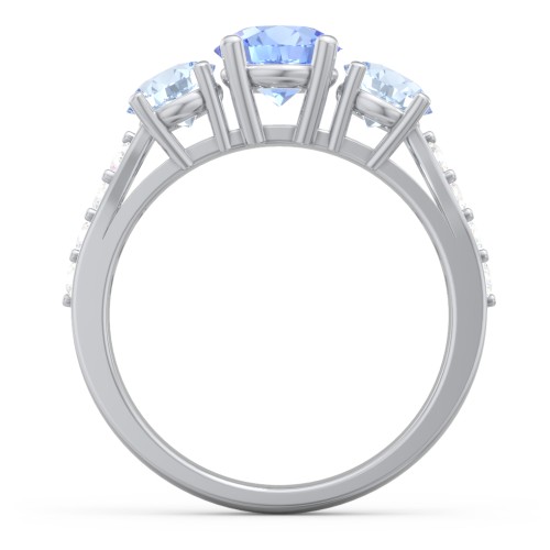 Majestic 3 Stone Eternity Ring with Accents – Sterling Silver with Fancy Blue Premium Zirconia, Aquamarine, and Cubic Zirconia