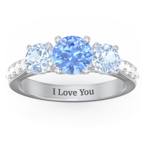 Majestic 3 Stone Eternity Ring with Accents – Sterling Silver with Fancy Blue Premium Zirconia, Aquamarine, and Cubic Zirconia