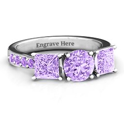 Majestic Round & Princess 3 Stone Ring with Accents in 925 Sterling Silver with Amethyst Premium Zirconia and Amethyst