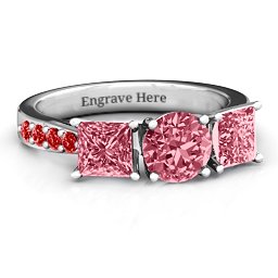 Majestic Round & Princess 3 Stone Ring with Accents in 925 Sterling Silver
