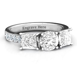 Majestic Round & Princess 3 Stone Ring with Accents in 925 Sterling Silver