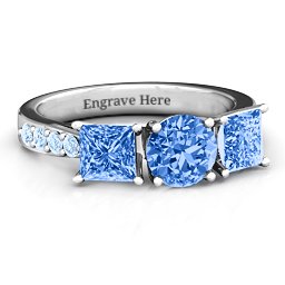 Majestic Round & Princess 3 Stone Ring with Accents in 925 Sterling Silver with Fancy Blue Premium Zirconia and Aquamarine