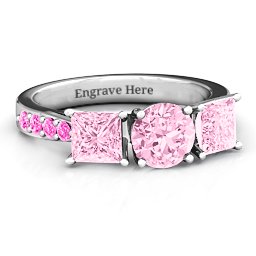 Majestic Round & Princess 3 Stone Ring with Accents in 925 Sterling Silver with Fancy Pink Premium Zirconia and Pink Tourmaline