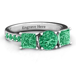 Majestic Round & Princess 3 Stone Ring with Accents in 925 Sterling Silver with Green Premium Zirconia and Emerald