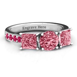 Majestic Round & Princess 3 Stone Ring with Accents in 925 Sterling Silver with Red Premium Zirconia and Ruby