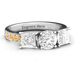 Majestic Round & Princess 3 Stone Ring with Accents in 925 Sterling Silver with White Premium Zirconia and Citrine