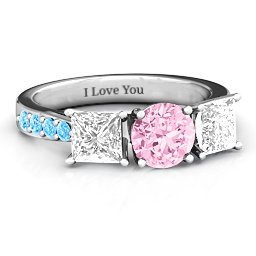 Majestic Round & Princess 3 Stone Ring with Accents in 925 Sterling Silver with Fancy Pink Premium Zirconia, White Premium Zirconia, and Blue Topaz