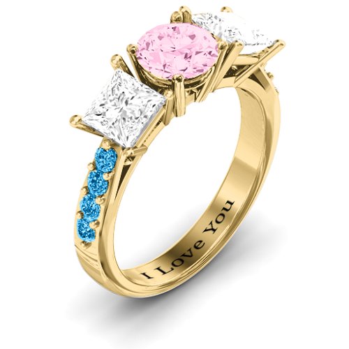 Majestic Round & Princess 3 Stone Ring with Accents – 10K Yellow Gold with Fancy Pink Premium Zirconia, White Premium Zirconia, and Blue Topaz