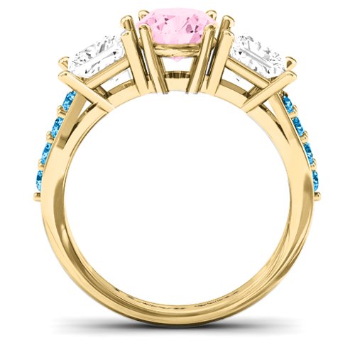 Majestic Round & Princess 3 Stone Ring with Accents – 10K Yellow Gold with Fancy Pink Premium Zirconia, White Premium Zirconia, and Blue Topaz