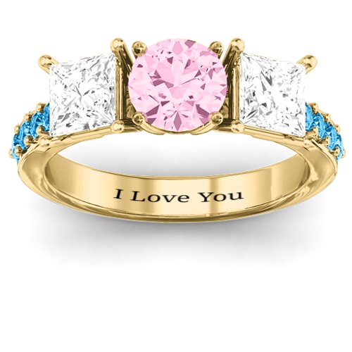 Majestic Round & Princess 3 Stone Ring with Accents – 10K Yellow Gold with Fancy Pink Premium Zirconia, White Premium Zirconia, and Blue Topaz