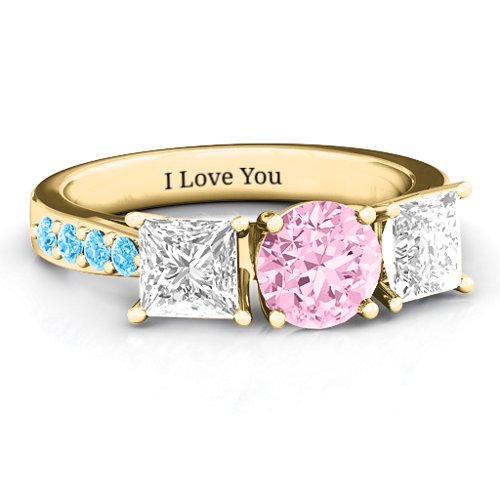 Majestic Round & Princess 3 Stone Ring with Accents – 10K Yellow Gold with Fancy Pink Premium Zirconia, White Premium Zirconia, and Blue Topaz