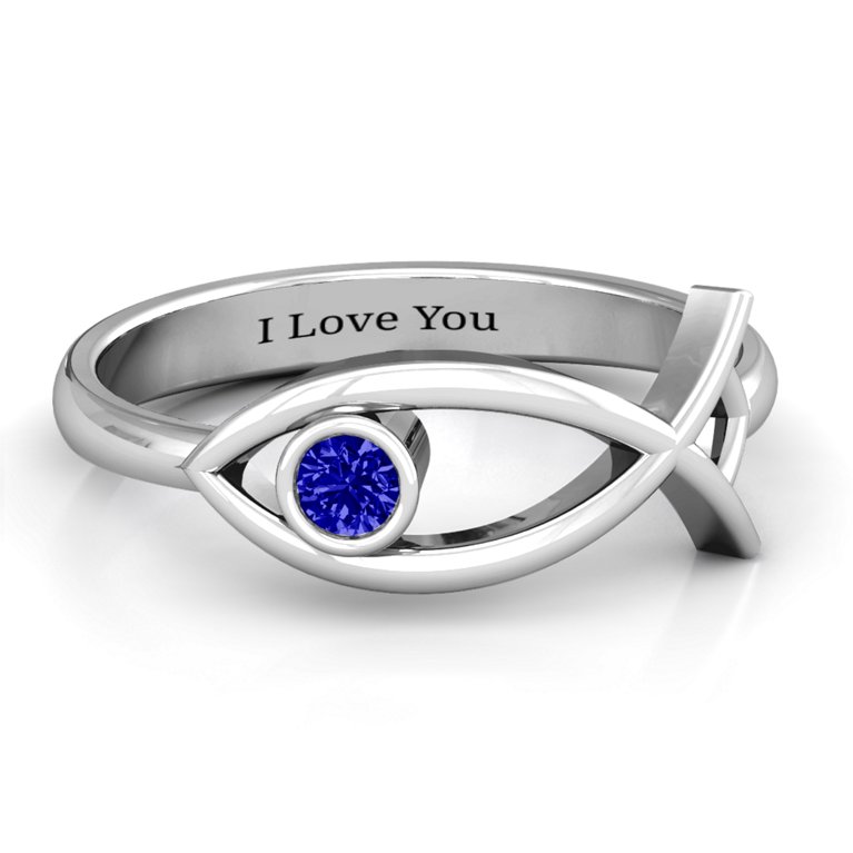 Sterling Silver Classic Fish Ring with Blue Sapphire (Simulated) Stone ...