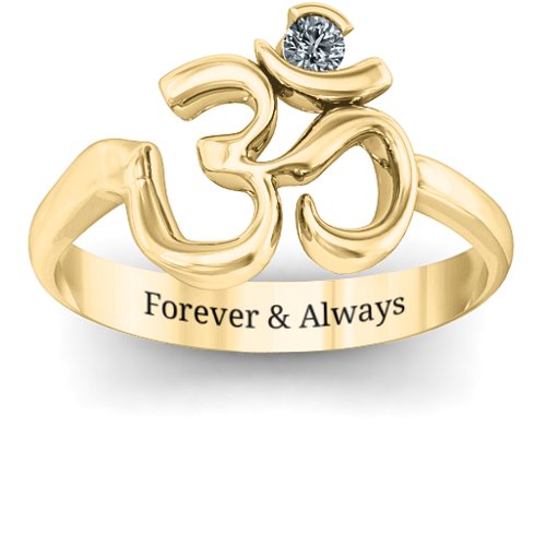 Om - Sound of Universe Ring with Round Stone – 14K Yellow Gold with Diamond