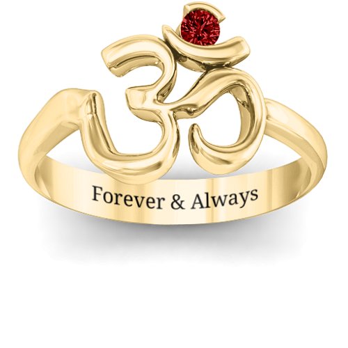 Om - Sound of Universe Ring with Round Stone – 10K Yellow Gold with Garnet