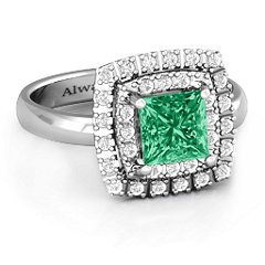 Splendid Double Halo Princess Ring – 10K Yellow Gold with Green Premium Zirconia and White Premium Zirconia