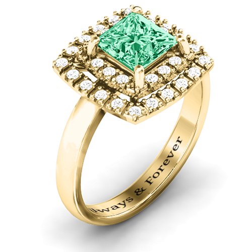 Splendid Double Halo Princess Ring – 10K Yellow Gold with Green Premium Zirconia and White Premium Zirconia
