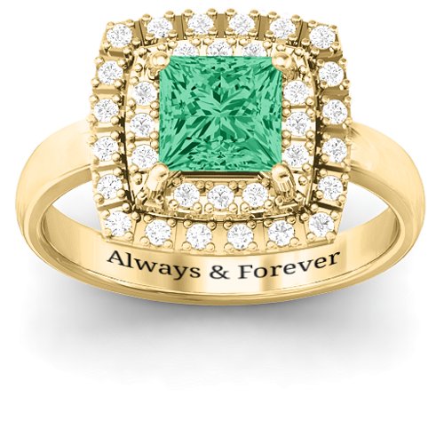 Splendid Double Halo Princess Ring – 10K Yellow Gold with Green Premium Zirconia and White Premium Zirconia
