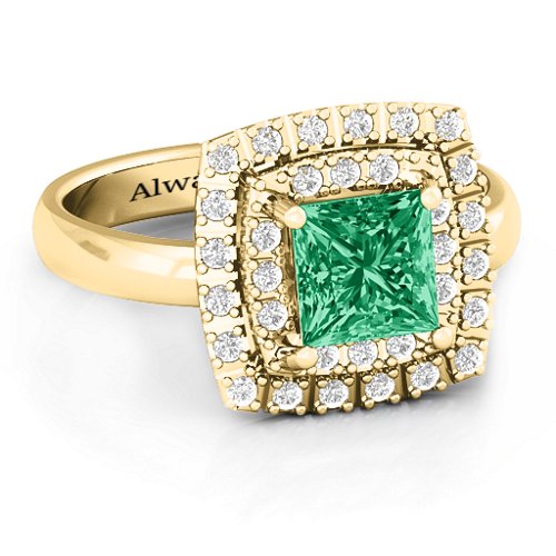 Splendid Double Halo Princess Ring – 10K Yellow Gold with Green Premium Zirconia and White Premium Zirconia