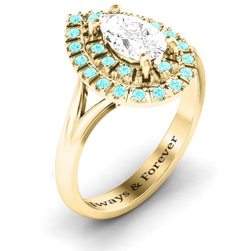 Cleopatra Double Halo Ring – 10K Yellow Gold with White Premium Zirconia and Mint Premium Zirconia