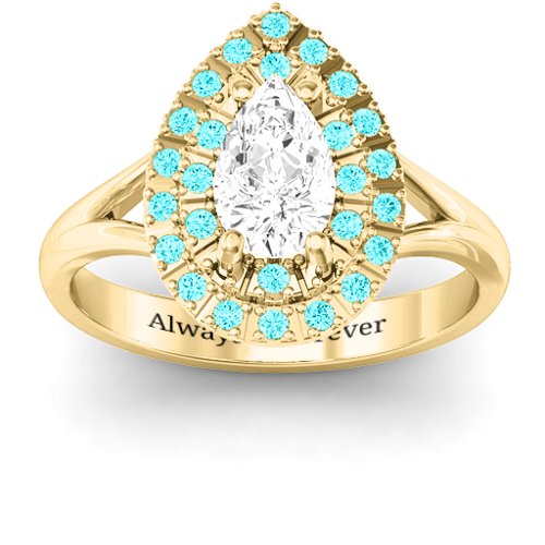 Cleopatra Double Halo Ring – 10K Yellow Gold with White Premium Zirconia and Mint Premium Zirconia