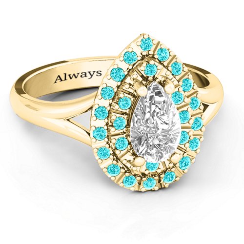 Cleopatra Double Halo Ring – 10K Yellow Gold with White Premium Zirconia and Mint Premium Zirconia