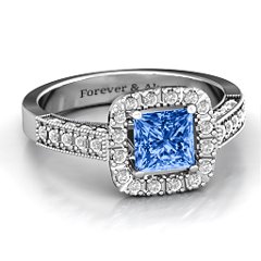 Brilliant Princess Ring with Profile Accents – Sterling Silver with Fancy Blue Premium Zirconia and White Premium Zirconia