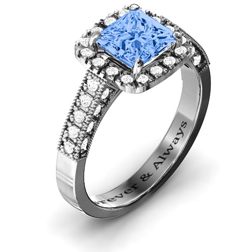 Brilliant Princess Ring with Profile Accents – Sterling Silver with Fancy Blue Premium Zirconia and White Premium Zirconia