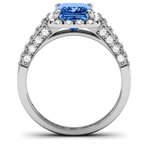 Brilliant Princess Ring with Profile Accents – Sterling Silver with Fancy Blue Premium Zirconia and White Premium Zirconia