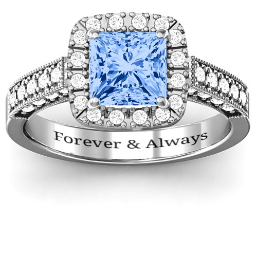 Brilliant Princess Ring with Profile Accents – Sterling Silver with Fancy Blue Premium Zirconia and White Premium Zirconia