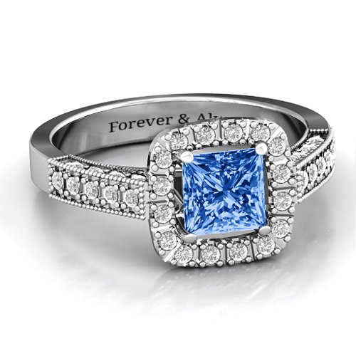 Brilliant Princess Ring with Profile Accents – Sterling Silver with Fancy Blue Premium Zirconia and White Premium Zirconia