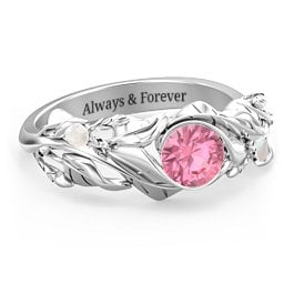 Solitaire Leaf Ring with Accent Stones