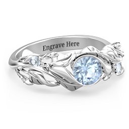 Solitaire Leaf Ring with Accent Stones in 925 Sterling Silver with Aquamarine