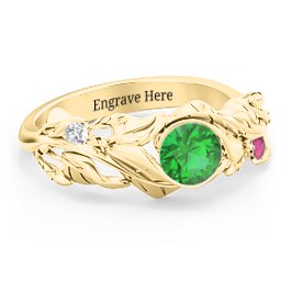 Solitaire Leaf Ring with Accent Stones in 10K Solid Yellow Gold with Emerald, Ruby, and Cubic Zirconia