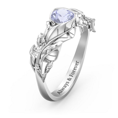 Solitaire Leaf Ring with Accent Stones – Sterling Silver with Lavender Premium Zirconia and Cubic Zirconia
