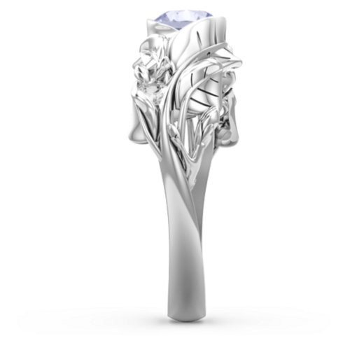 Solitaire Leaf Ring with Accent Stones – Sterling Silver with Lavender Premium Zirconia and Cubic Zirconia
