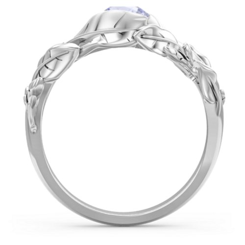 Solitaire Leaf Ring with Accent Stones – Sterling Silver with Lavender Premium Zirconia and Cubic Zirconia