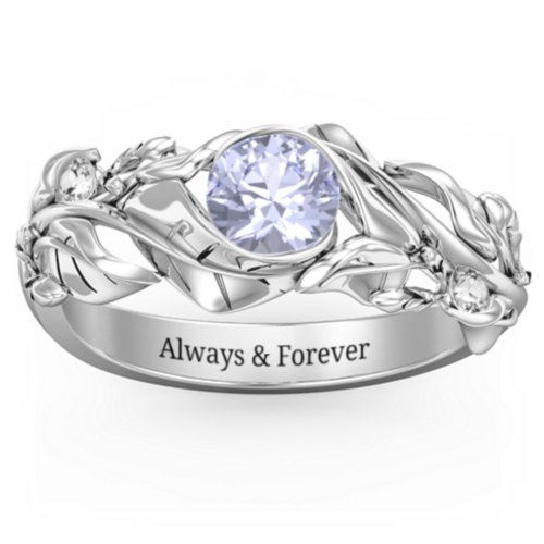 Solitaire Leaf Ring with Accent Stones – Sterling Silver with Lavender Premium Zirconia and Cubic Zirconia