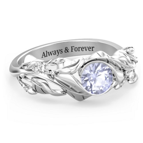 Solitaire Leaf Ring with Accent Stones – Sterling Silver with Lavender Premium Zirconia and Cubic Zirconia