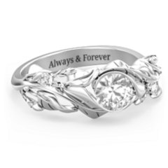 Solitaire Leaf Ring with Accent Stones – 10K Rose Gold with Cubic Zirconia